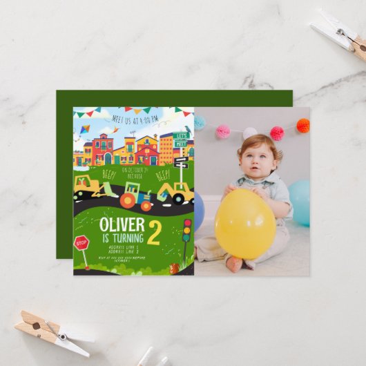 Benutzerdefiniertes Foto, Grüner Traktor, Geburtst Einladung (Vorderseite/Rückseite Beispiel)