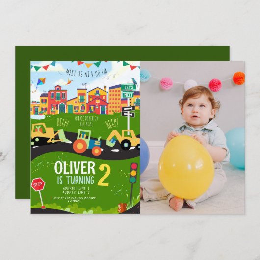 Benutzerdefiniertes Foto, Grüner Traktor, Geburtst Einladung (Vorne/Hinten)