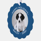 Benutzerdefiniertes Foto mit dem Namen Blue Border Ornament Karte (Links)