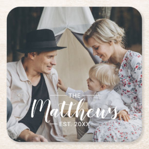 Benutzerdefiniertes Foto mit Familienname und Grün Rechteckiger Pappuntersetzer