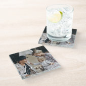 Benutzerdefiniertes Foto mit individuelle Name Glasuntersetzer (Schrägansicht)