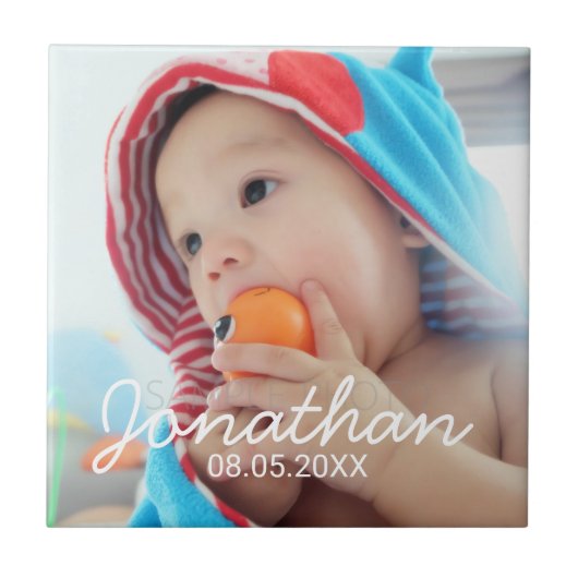 Benutzerdefiniertes Foto mit Name und Datum Fliese (Vorderseite)