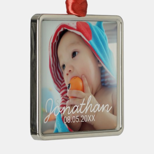 Benutzerdefiniertes Foto mit Name und Datum Ornament Aus Metall (Rechts)