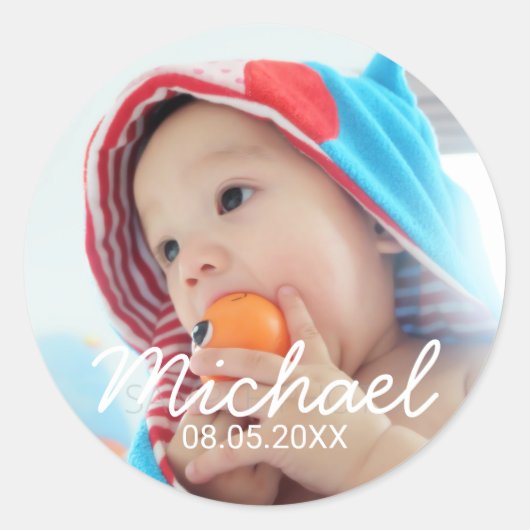 Benutzerdefiniertes Foto mit Name und Datum Runder Aufkleber (Vorderseite)