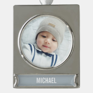 Benutzerdefiniertes Foto mit Namen Banner-Ornament Silber