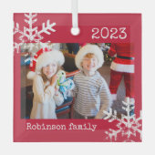 Benutzerdefiniertes Foto mit Schneeflocken Rot Ornament Aus Glas (Vorderseite)