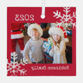 Benutzerdefiniertes Foto mit Schneeflocken Rot Ornament Aus Glas (Rückseite)