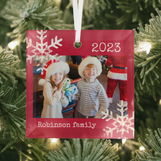 Benutzerdefiniertes Foto mit Schneeflocken Rot Ornament Aus Glas (Insitu)