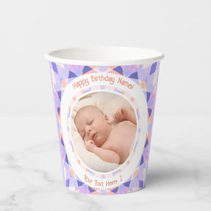 Benutzerdefiniertes Foto Name Alter Rosa Lila Gebu Pappbecher