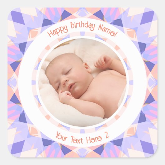 Benutzerdefiniertes Foto Name Alter Rosa Lila Gebu Quadratischer Aufkleber (Vorderseite)