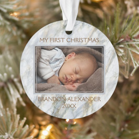 Benutzerdefiniertes Foto Pastellblau Graues Marmor Ornament (Baum)