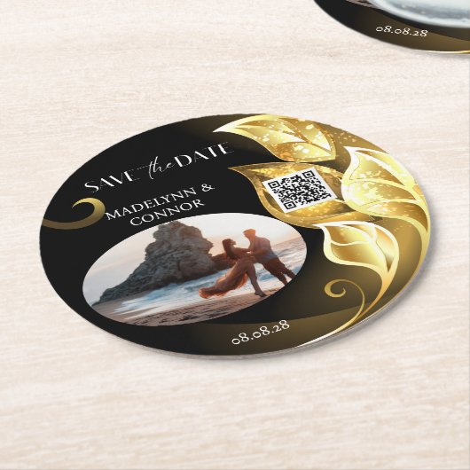 Benutzerdefiniertes Foto QR-Code Goldenes Leaf Sav Runder Pappuntersetzer (Angewinkelt)