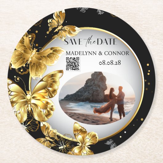 Benutzerdefiniertes Foto QR Code Schmetterling Sav Runder Pappuntersetzer (Vorderseite)