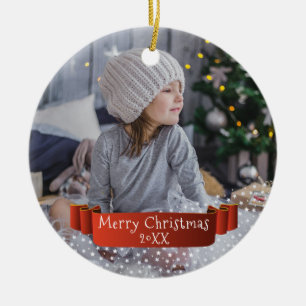 Benutzerdefiniertes Foto Red Ribbon Weihnachtsschl Keramik Ornament