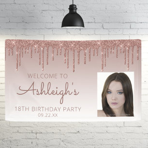 Benutzerdefiniertes Foto Rose Gold Glitter Drip 18 Banner