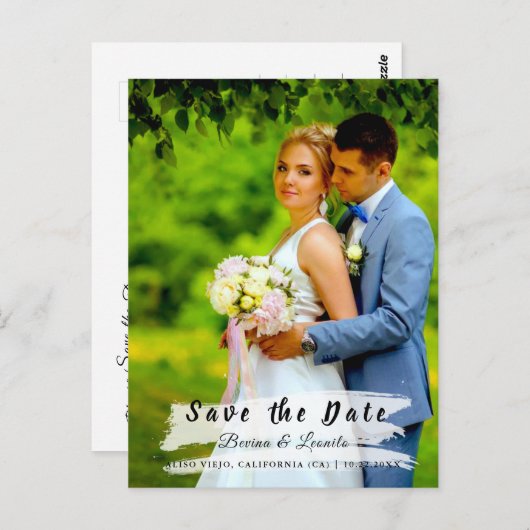 Benutzerdefiniertes Foto | Save the Date, w Brush Postkarte (Vorne/Hinten)