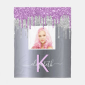 Benutzerdefiniertes Foto Silber Glitzer lila Monog Fleecedecke (Vorderseite)