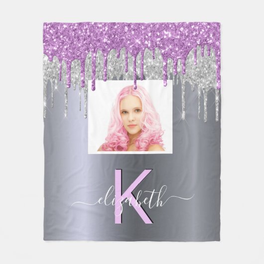Benutzerdefiniertes Foto Silber Glitzer lila Monog Fleecedecke (Vorderseite)
