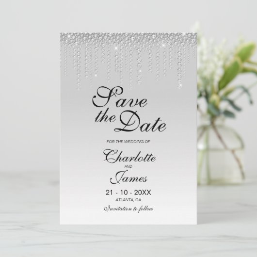 Benutzerdefiniertes Foto Silver Diamonds Wedding S Save The Date (Stehend Vorderseite)