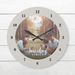 Benutzerdefiniertes Foto und Familienname Personal Große Wanduhr<br><div class="desc">Erstellen Sie eine spezielle rund- oder quadratische Wanduhr, die mit Ihrem Foto und Familiennamen Monogramm personalisiert ist. Das Design ist einfach mit modernen Schwarz-Weiß-Schriftart ausgestattet, oder verwenden Sie die Designwerkzeuge, um Schriftart und Farben zu wählen, die Ihren eigenen Wohngestaltungen-Stil entsprechen. Eine benutzerdefinierte Uhr ist eine einzigartige Weihnachtsgeschenkidee für Großeltern, Neueltern...</div>