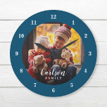 Benutzerdefiniertes Foto und Familienname Personal Große Wanduhr<br><div class="desc">Erstellen Sie eine spezielle rund- oder quadratische Wanduhr, die mit Ihrem Foto und Familiennamen Monogramm personalisiert ist. Das Design ist einfach in den Farben Blau und Weiß der Marine gehalten, oder benutzen Sie die Designwerkzeuge, um alle Schriftart und Farben zu wählen, um Ihren eigenen Wohngestaltungen Stil. Eine benutzerdefinierte Uhr ist...</div>