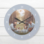 Benutzerdefiniertes Foto und Familienname Personal Große Wanduhr<br><div class="desc">Erstellen Sie eine spezielle rund- oder quadratische Wanduhr, die mit Ihrem Foto und Familiennamen Monogramm personalisiert ist. Das Design ist einfach mit modernen Schwarz-Weiß-Schriftart ausgestattet, oder verwenden Sie die Designwerkzeuge, um Schriftart und Farben zu wählen, die Ihren eigenen Wohngestaltungen-Stil entsprechen. Eine benutzerdefinierte Uhr ist eine einzigartige Weihnachtsgeschenkidee für Großeltern, Neueltern...</div>