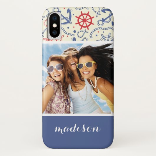 Benutzerdefiniertes Foto und Name Rot und Marine m Case-Mate iPhone Hülle (Rückseite)