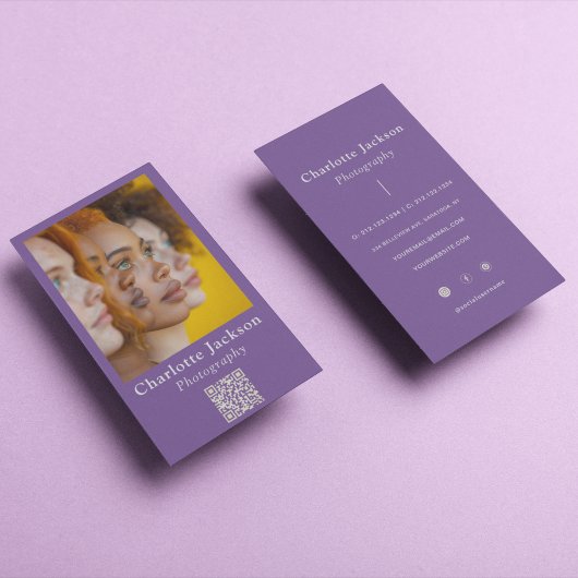 Benutzerdefiniertes Foto und Qr-Code Lila Lässig Visitenkarte