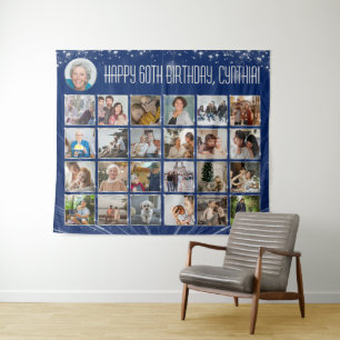 Benutzerdefiniertes Geburtstagsbanner, Blau Silber Wandteppich