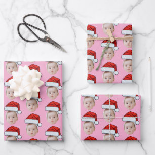 Benutzerdefiniertes Gesicht Kopf Foto Weihnachtsma Geschenkpapier Set