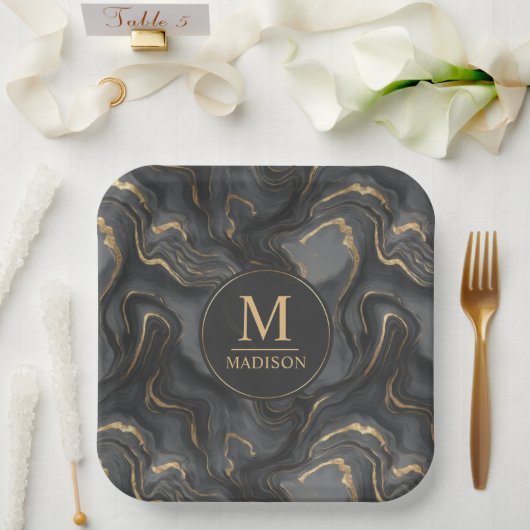 Benutzerdefiniertes Goldenes Schwarz und Gold Glit Pappteller (Hochzeit)