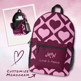Benutzerdefiniertes Herz Karomuster Bordeaux Rosa  Bedruckter Rucksack