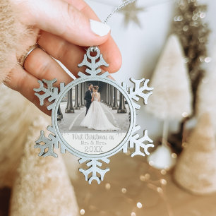 Benutzerdefiniertes Hochzeitsfoto Erstes Weihnacht Schneeflocken Zinn-Ornament