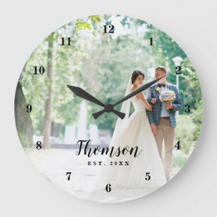Benutzerdefiniertes Hochzeitsfoto mit Monogramm Große Wanduhr