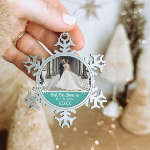 Benutzerdefiniertes Hochzeitsfoto Türkis Weihnacht Schneeflocken Zinn-Ornament