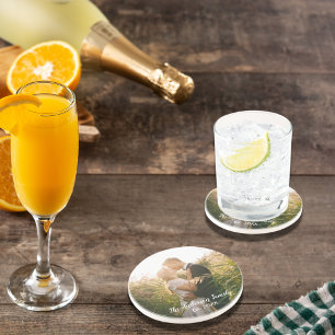 Benutzerdefiniertes Hochzeitsfoto weiße Buchstaben Sandstein Untersetzer