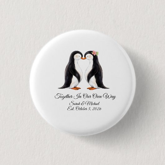 Benutzerdefiniertes Hochzeitspinguin-Paar Button (Vorderseite)