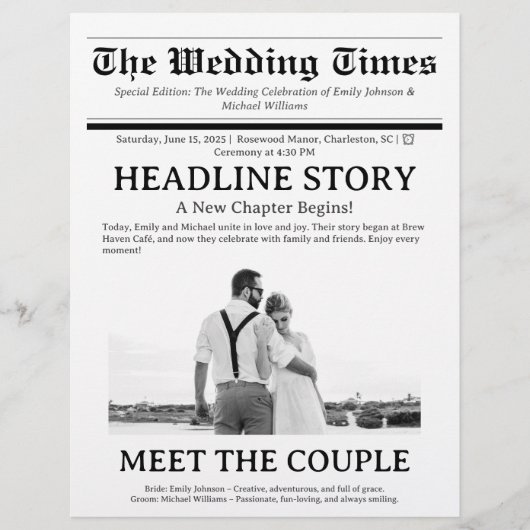 Benutzerdefiniertes Hochzeitsprogramm in Zeitungsf (Vorne)