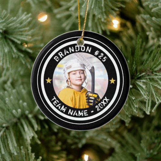 Benutzerdefiniertes Hockey Player Nummer Team Foto Keramik Ornament (Baum)
