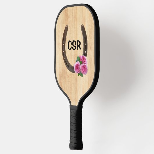 Benutzerdefiniertes Hufeisen mit Rose und Monogram Pickleball Schläger (Links)