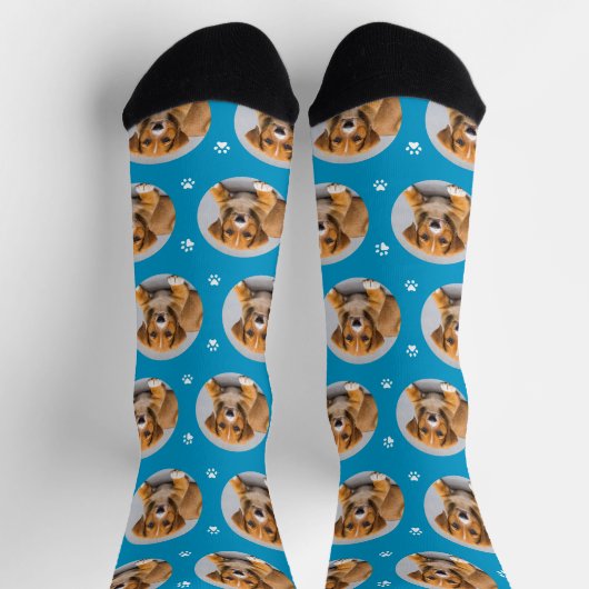 Benutzerdefiniertes Hund Foto Blue Paw Print Socken (Oben)