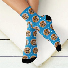 Benutzerdefiniertes Hund Foto Blue Paw Print Socken