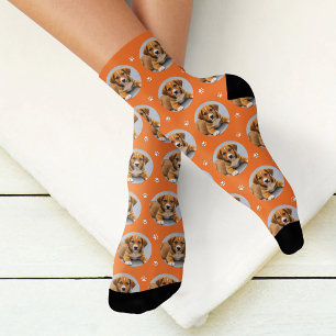 Benutzerdefiniertes Hund Foto Orange Paw Print Socken
