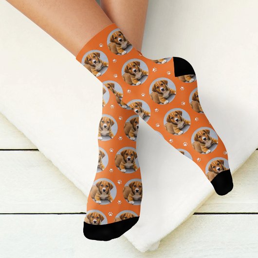 Benutzerdefiniertes Hund Foto Orange Paw Print Socken