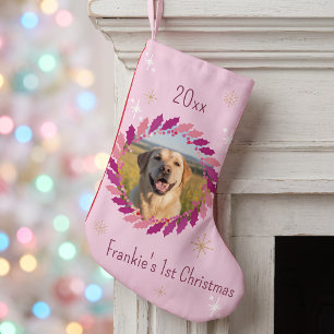 Benutzerdefiniertes Hunde-Foto Rosa Kranz Glanz Ha Kleiner Weihnachtsstrumpf