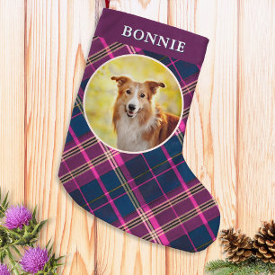 Benutzerdefiniertes Hunde-Foto-Tartan-Karo gemuste Kleiner Weihnachtsstrumpf