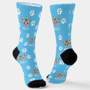Benutzerdefiniertes Katzenfoto & Name Blau Socken