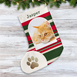 Benutzerdefiniertes Katzenfoto und Name Rot Grünge Kleiner Weihnachtsstrumpf