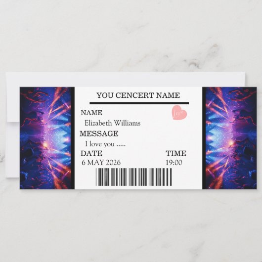 Benutzerdefiniertes Konzert-Ticket-Geschenk Mädche Einladung (Vorderseite)