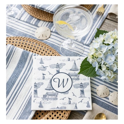 Benutzerdefiniertes Küsten-Toile-Monogramm | Vorne Serviette